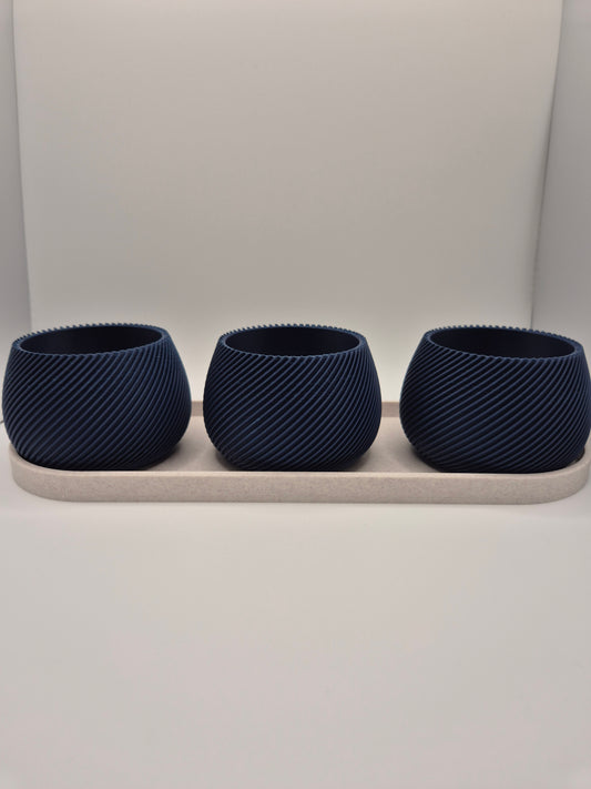 3 piece Succulent & Cactus Pot Set with Marble effect Tray  Navy Blue Spiral Design