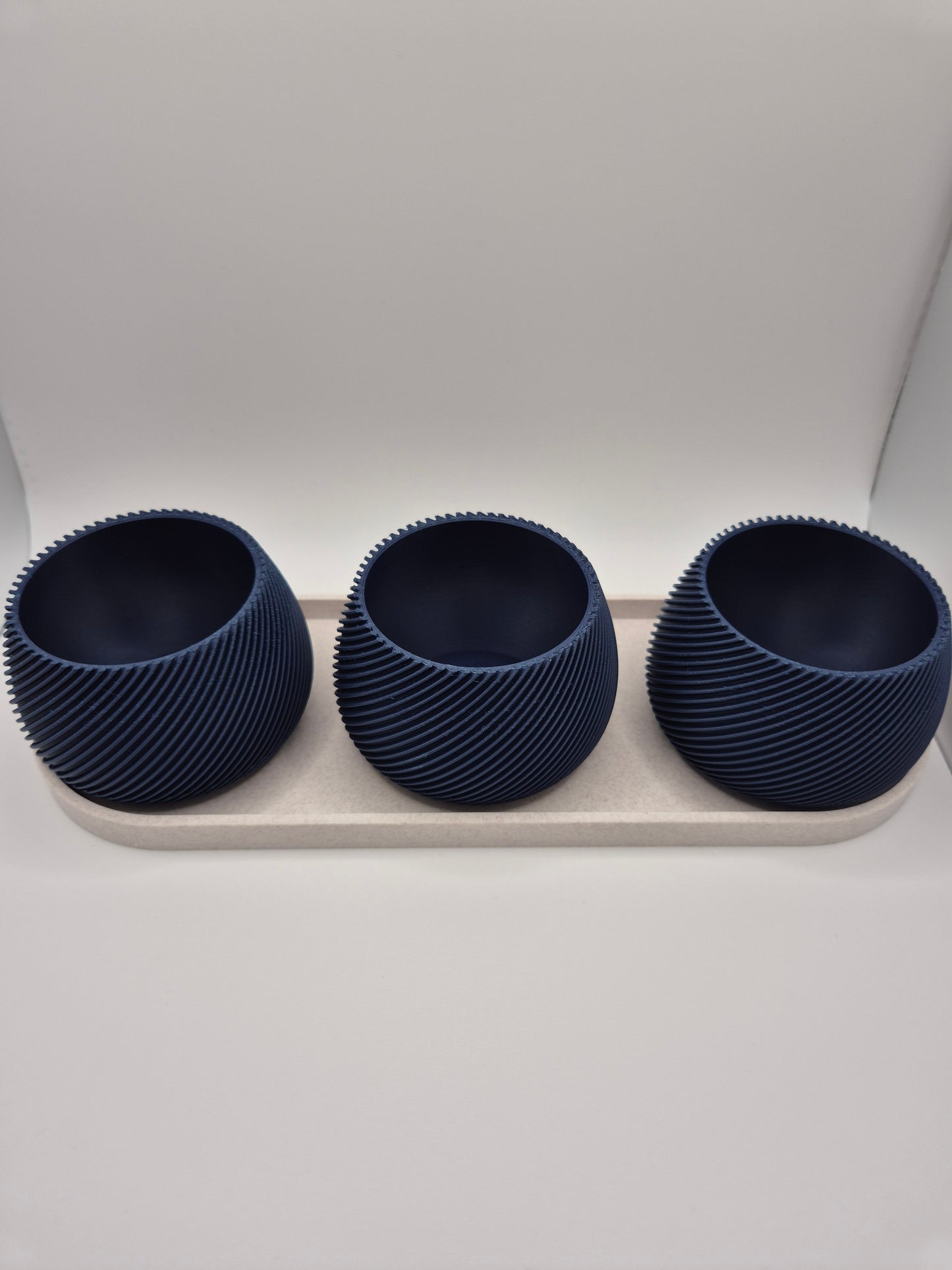 3 piece Succulent & Cactus Pot Set with Marble effect Tray  Navy Blue Spiral Design