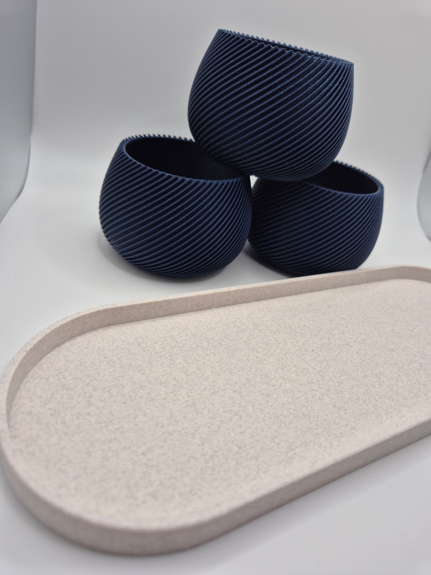 3 piece Succulent & Cactus Pot Set with Marble effect Tray  Navy Blue Spiral Design