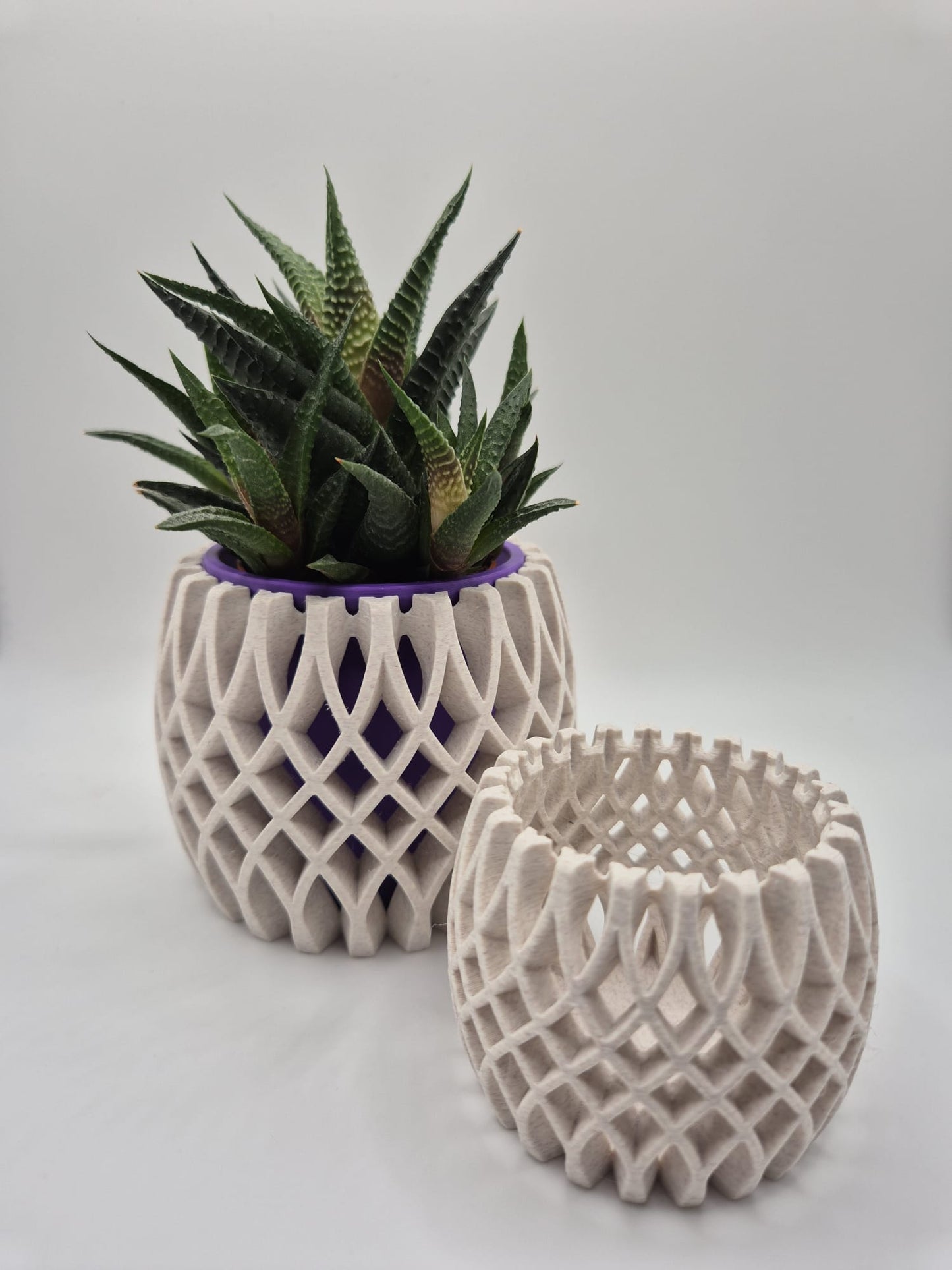 Modern 3D Printed Plant Pot  Tea Light Holder Set  Marble Plum  Red Insert