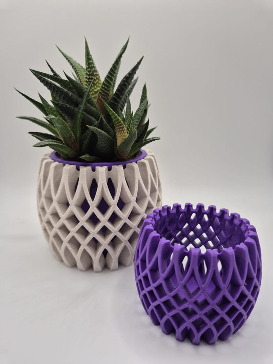 Modern 3D Printed Plant Pot  Tea Light Holder Set  Marble Plum  Red Insert