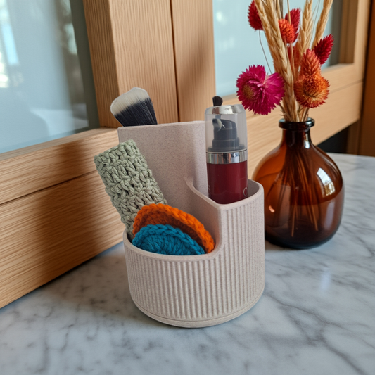 3D printed makeup brush holder, Marble white with cedar speckles, 3 compartments, ribbed design.